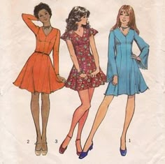 1970s Fashion Dresses, Princess Mini Dress, 70s Mode, Style Dress Patterns, Princess Seam Dress, Fashion 1970s, Simplicity Dress, Flared Mini Skirt