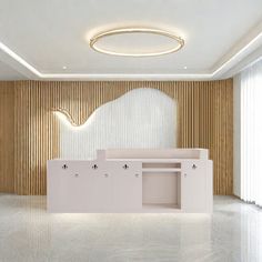 an empty reception area with white walls and wooden paneling