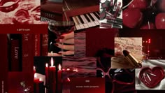 a collage of red images with candles and hearts