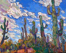 a painting of cactus trees and clouds in the sky