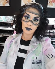 a woman with makeup on her face in a store