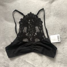 Nwt Urban Outfitters Out From Under Black Bralette With Crochet Lace Back Casual Black Summer Bra, Black T-back Top For Spring, Summer Black Crop Top With Lace Trim, Black Lace Trim Crop Top For Summer, Black Lace Summer Bra, Black Lace Bra For Summer, Black Lace Bra For Spring, Black Stretch Bra For Summer, Summer Black Stretch Bra