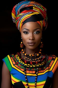 an african woman wearing colorful clothing and jewelry