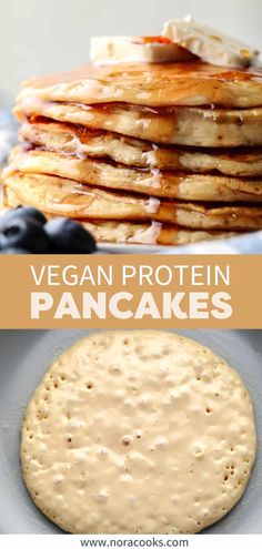 vegan protein pancakes with peanut butter and blueberries are the perfect breakfast or snack