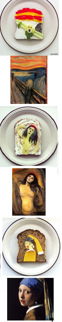 four plates with different paintings on them and one has a cake in the shape of a woman's face