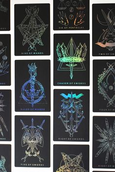 nine different types of tattoos on black paper