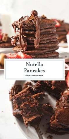 nutella pancakes with chocolate frosting and strawberries on the side are stacked high