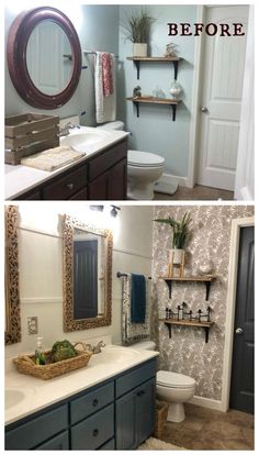 before and after photos of a bathroom remodel with wallpaper on the walls