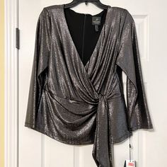 Gorgeous Grey Sparkly Blouse! Super Lightweight! Fall Evening Blouse With Shimmer, Holiday Shimmer Blouse For Night Out, Metallic Shimmer Blouse For Party, Glamorous Holiday Formal Blouse, Chic Shimmer Blouse For Evening, Glamorous Metallic Shimmer Blouse, Elegant Evening Blouse For Holidays, Silver Shimmer Long Sleeve Top, Silver Long Sleeve Tops For Party Season