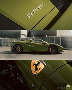 a green ferrari sports car parked in front of a building with the word ferrari on it