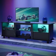 an entertainment center with a television and video game equipment