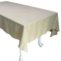 a table with a white base and a light colored cloth on it's top