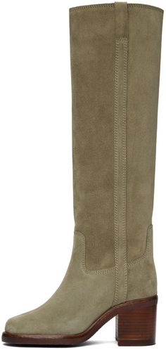 Knee-high paneled calfskin suede boots in taupe. · Pull-loops at collar · Grained calfskin lining · Stacked leather block heel · Treaded rubber sole · Heel: H2.5 in Supplier color: Taupe Leather Block Heels, Boots Knee, Tall Boots, Suede Boots, Cute Shoes, Isabel Marant, Knee High Boots, Knee Boots, Knee High