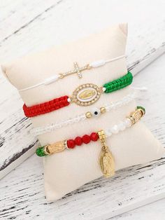 4 Piezas /set Pulseras De La Virgen Maria Con Cruz De La Serie De Moda Mexicana Con Tarjeta, Pulsera Tejida En Rojo, Blanco Y Verde Para Mujeres Ajustable, Regalo De Navidad | SHEIN USA Mexican Bracelets, Bracelets Jewelry, Virgin Mary, Fashion Online Shop, Sports Equipment, All Fashion, Red And White, Christmas Gifts, Style Inspiration