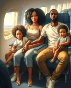 a painting of a family sitting on an airplane with the child's mom and dad