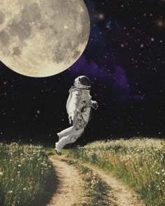 an astronaut is walking on a path to the moon with grass and flowers in front of him