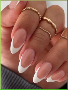 Nail manicure designs Trendy nail designs Almond French Tip Nails Summer, Deep Almond French Tips, Summer Nail Inspo Almond French Tip, French Nail Designs White, Medium Almond French Tip Nails, Almond French Tips With Design, Short French Tip Nails Almond, All White Almond Nails, Almond White Tip