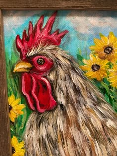 a painting of a rooster with sunflowers in the background