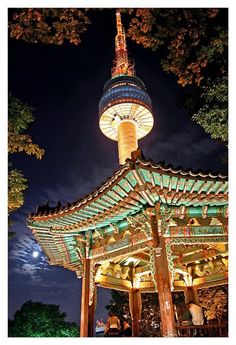 the pagoda is lit up at night with lights on it's roof and trees in the background