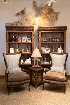 two chairs sitting next to each other in front of a book shelf