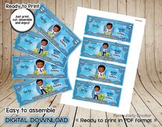 four blue printable id cards with an image of a boy on them