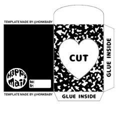 an open box with a heart cut out on the front and inside, in black and white