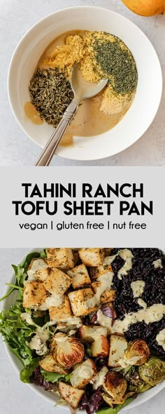 there are two pictures with different types of food in them and the words tahiti ranch tofu sheet pan