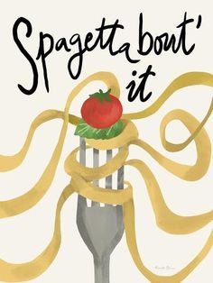 a fork with spaghetti wrapped around it and a tomato on top that says spaghetti bott