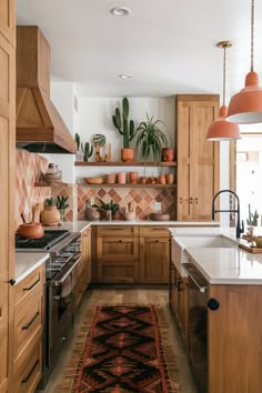 a kitchen filled with lots of wooden cabinets and counter top covered in potted plants