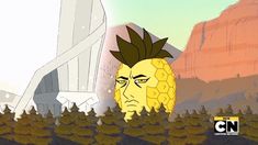 a cartoon image of a man with a pineapple on his head in front of mountains