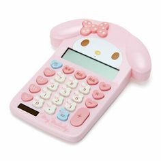 a pink toy calculator with hello kitty on it's face and buttons