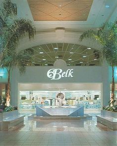 an empty shopping mall with palm trees in the foreground and a belk sign above it