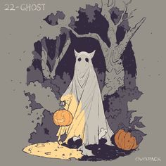 an image of a ghost with pumpkins on the ground