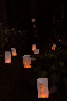 some paper bags are lit up in the dark