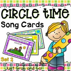 a girl holding a large pencil and some cards with the words circle time on it