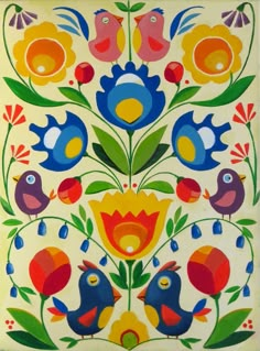 a colorful tile with birds and flowers on it's side, painted in bright colors