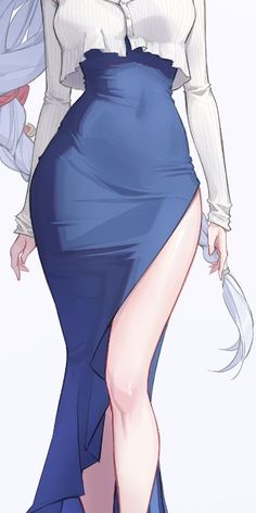 a drawing of a woman in a blue skirt