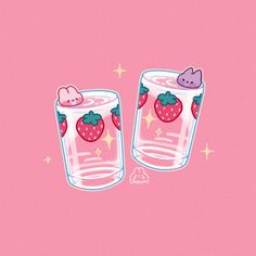 two glasses with strawberries and cats on them, one is pink the other is blue