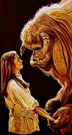 a painting of a woman holding hands with a giant creature in front of her, on a black background