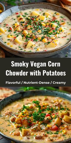 two pictures showing different types of soups in bowls with text overlay that reads smoky vegan corn chowder with potatoes