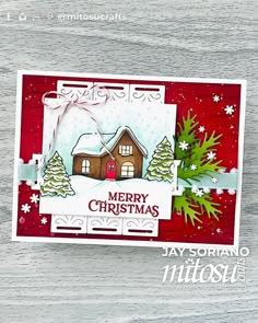 a christmas card with a house in the snow and evergreens on it's side