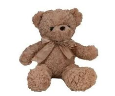 a brown teddy bear with a bow around its neck