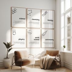 a living room with chairs and posters on the wall