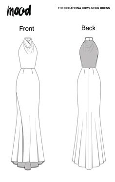 the front and back views of an evening gown, which is designed in two different styles