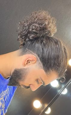 Men Hairstyle Ponytail, Men’s Undercut Ponytail, Men’s Haircut Curly Top, Taper With Long Hair Boy, Long Hair Tapered Sides, Curly Hair Man Bun Fade, Low Taper Undercut Long Hair, How To Style Medium Long Hair, Curly Hair Ponytail Men