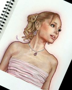 a drawing of a woman wearing a pink dress and diamond necklace with her hand on her hip