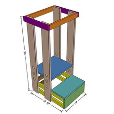 the plans to build an outdoor storage shed for children's toys are shown in blue, green and yellow