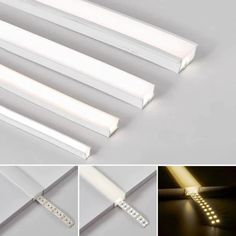 four different types of led strip lights in various stages of lighting up the ceiling and down the wall