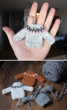 two pictures one shows a hand, and the other shows knitted sweaters