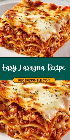 easy lasagna recipe with meat and cheese on the top, in a white plate